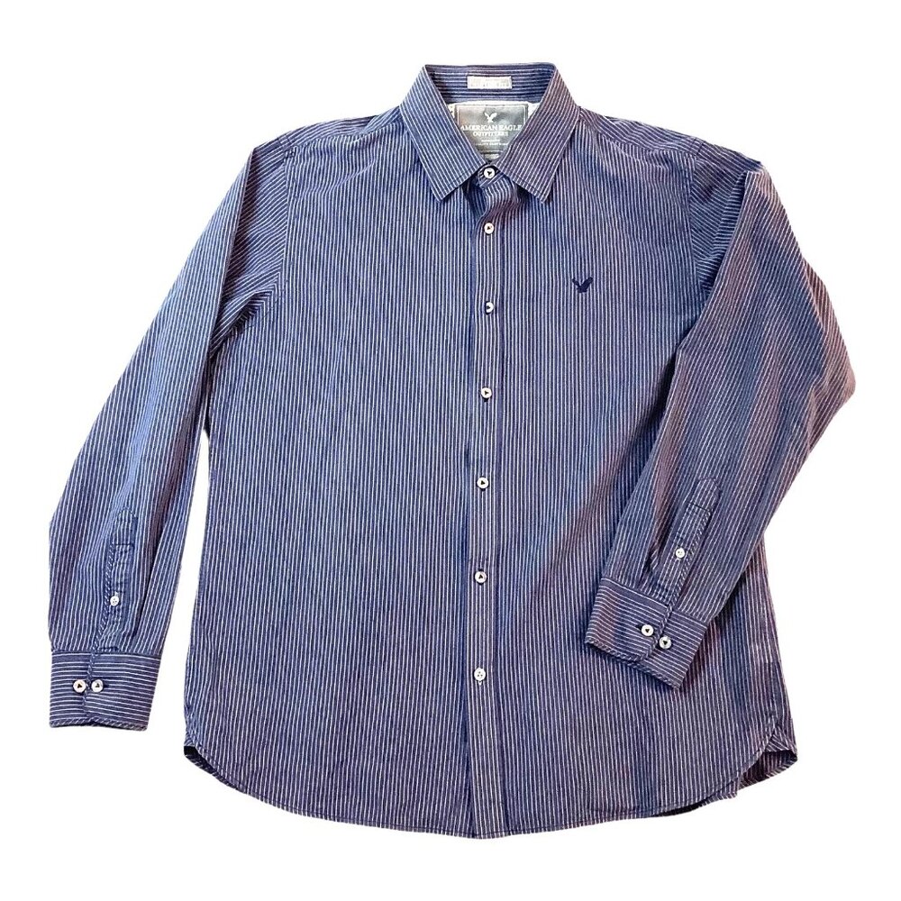 American Eagle Pinstriped Button Up Long Sleeve Shirt 100% Cotton Mens Size XL